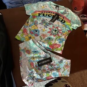 Dollskill set Everything’s f*cked baby tee booty shorts set Large